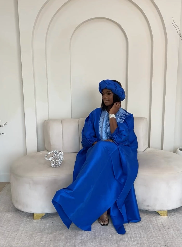 Classy Blue Embroidered Agbada Bubu Dress +Turban