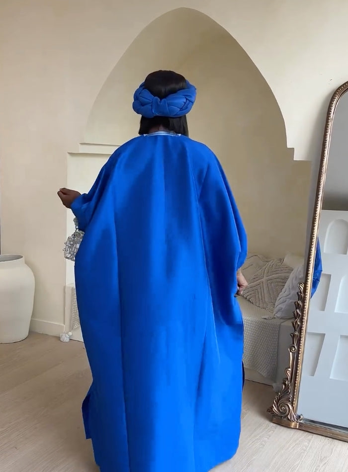 Classy Blue Embroidered Agbada Bubu Dress +Turban