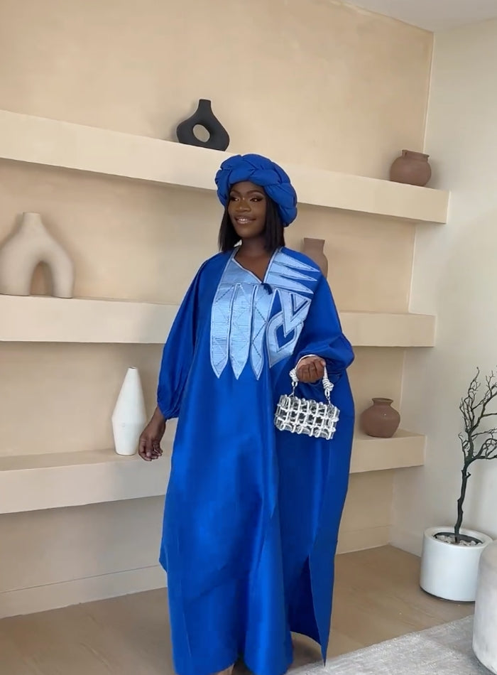 Classy Blue Embroidered Agbada Bubu Dress +Turban