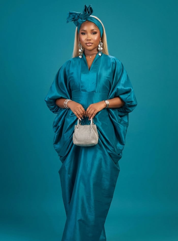 Teal Kaftan Gown with Ruched Detail
