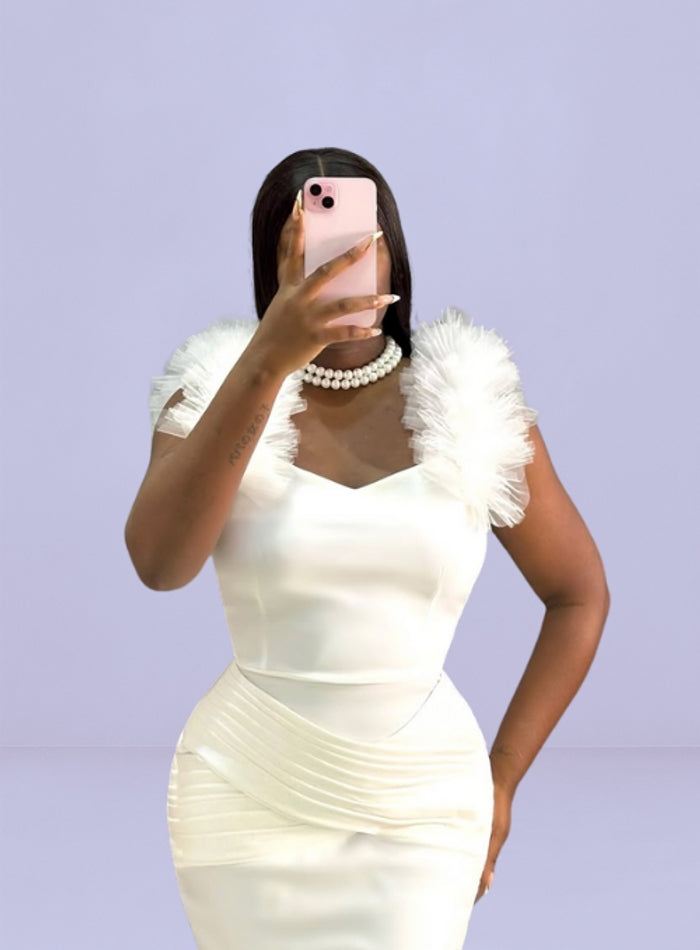 Amina Classy Feathered Off-White Gown