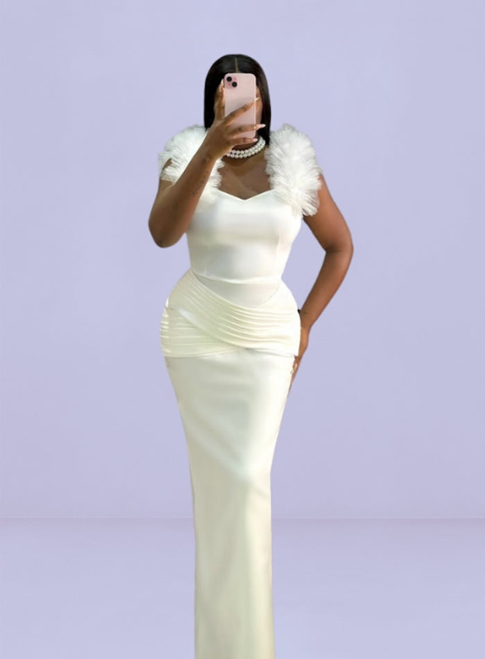 Amina Classy Feathered Off-White Gown